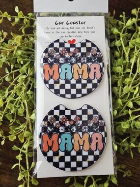 Mama Checkerboard Floral Car Coaster Set - Black Multi